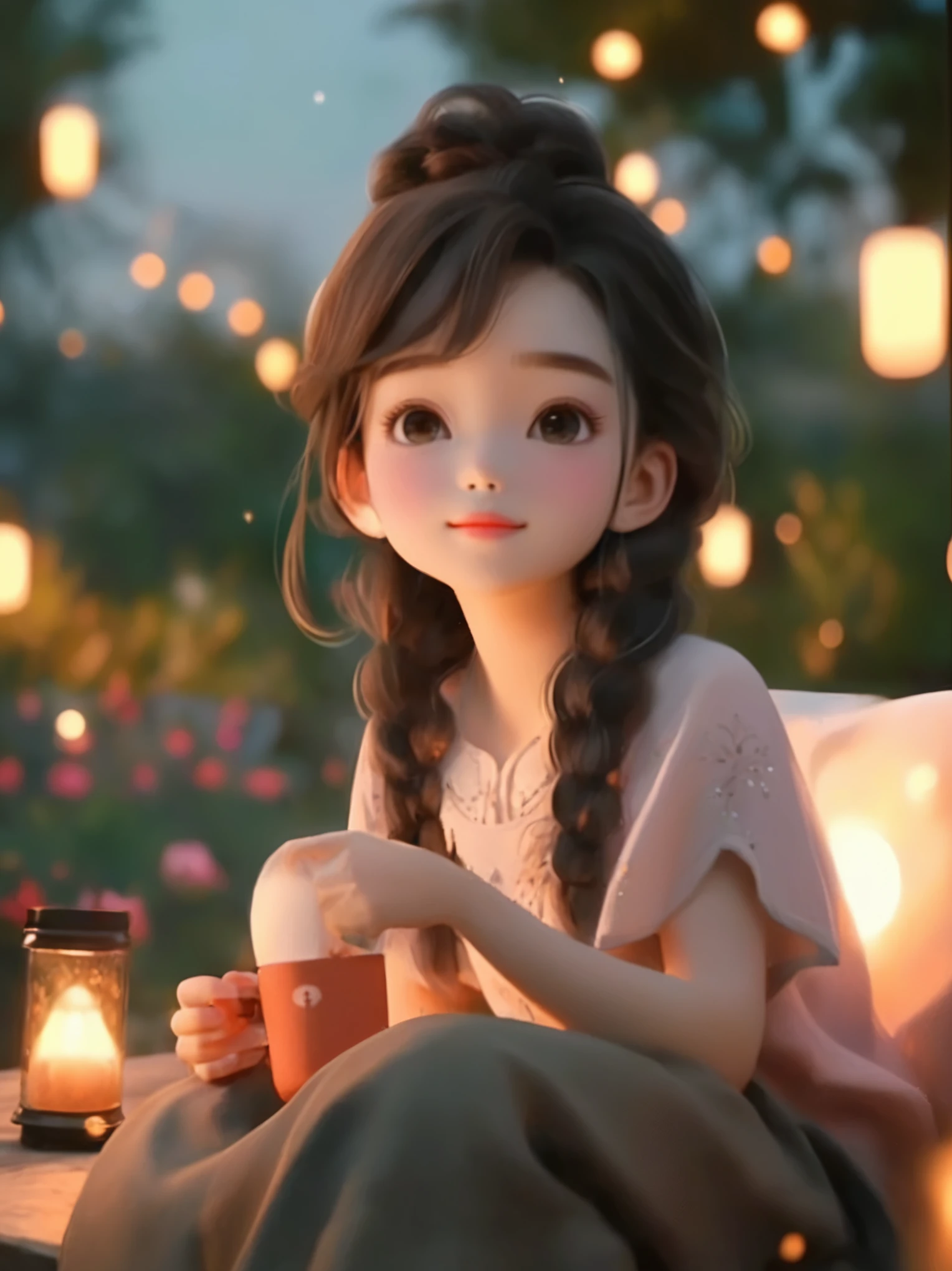A long-haired girl sitting on a bench,Holding a cup in hand, Lovely细致的数字艺术, Lovely的数字艺术, Lovely卡通 character, Lovely的肖像, Lovely卡通, Lovely的角色, Soft portrait shots 8 k, Lovely的数字, Lovely的 3d 渲染, Lovely, Lovely的动漫女孩, Lovely美丽, Beautiful soft lighting, Lovely, Lovely的卡哇伊女孩