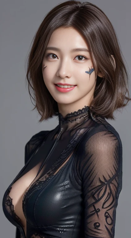 ((Realistic lighting, Highest quality, 8k, masterpiece: 1.3)), Clear focus: 1.2, 1 girl, Perfect Body Beauty: 1.4, Slim Abs: 1.1, ((Dark brown hair,short hair,waved her hand, : 1.3)), (Finished with body paint,Dark grey semi-transparent lace catsuit: 1.4), (Simple gray background, noon: 1.1),Body Paint Dresses, whole body, Long legs, Highly detailed face, Beautiful Eyes, double eyelid,Captivating smile,No face paint,A refreshing smile