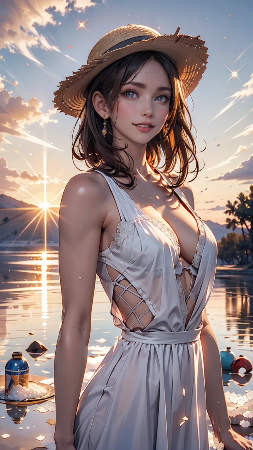 One girl, masterpiece, Very detailed, (Beautiful sparkle), Lens flare, Gray Hair, short hair, Floating Hair, Recall, Behind the back, smile, blue eyes, White Dress, Medium chest, Upper Body, Wide Shot, Straw hat, ((Uyuni salt lake)), sunrise, cloud, Backlight, Purple Sky, Yellow Sky, Gradient Sky, put your hand on the hat