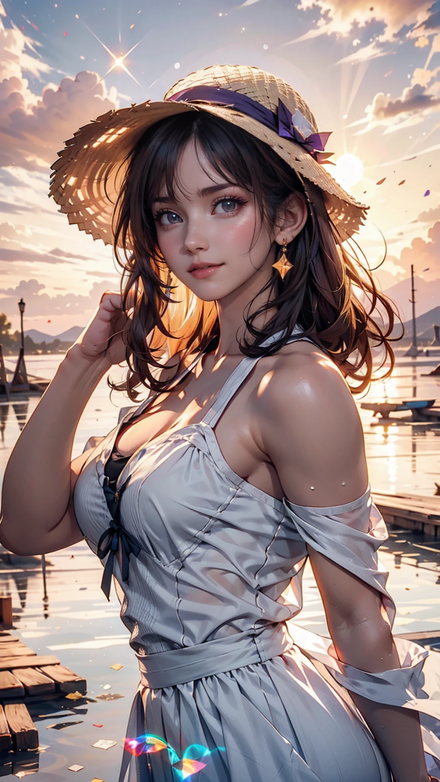 One girl, masterpiece, Very detailed, (Beautiful sparkle), Lens flare, Gray Hair, short hair, Floating Hair, Recall, Behind the back, smile, blue eyes, White Dress, Medium chest, Upper Body, Wide Shot, Straw hat, ((Uyuni salt lake)), sunrise, cloud, Backlight, Purple Sky, Yellow Sky, Gradient Sky, put your hand on the hat