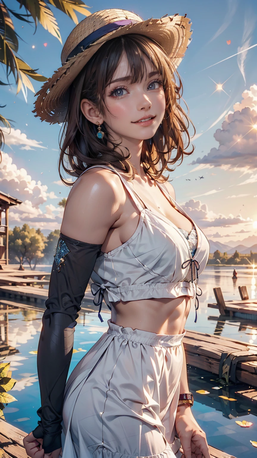 One girl, masterpiece, Very detailed, (Beautiful sparkle), Lens flare, Silver Hair, short hair, Floating Hair, Recall, Behind the back, smile, blue eyes, White Dress, Medium chest, Upper Body, Wide Shot, Straw hat, ((Cornfields to the horizon)), sunrise, cloud, Backlight, Purple Sky, Yellow Sky, Gradient Sky, put your hand on the hat