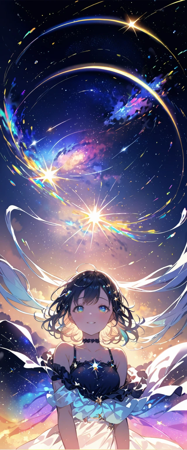 Attention to detail, Super Detail, Ultra-high resolution, A girl having fun in a dream galaxy, Surrounded by stars, The warm light that shines on her, The background depicts a starry sky with colorful galaxies and galactic clouds, The stars fly around her, Delicate face, Add some fun ,