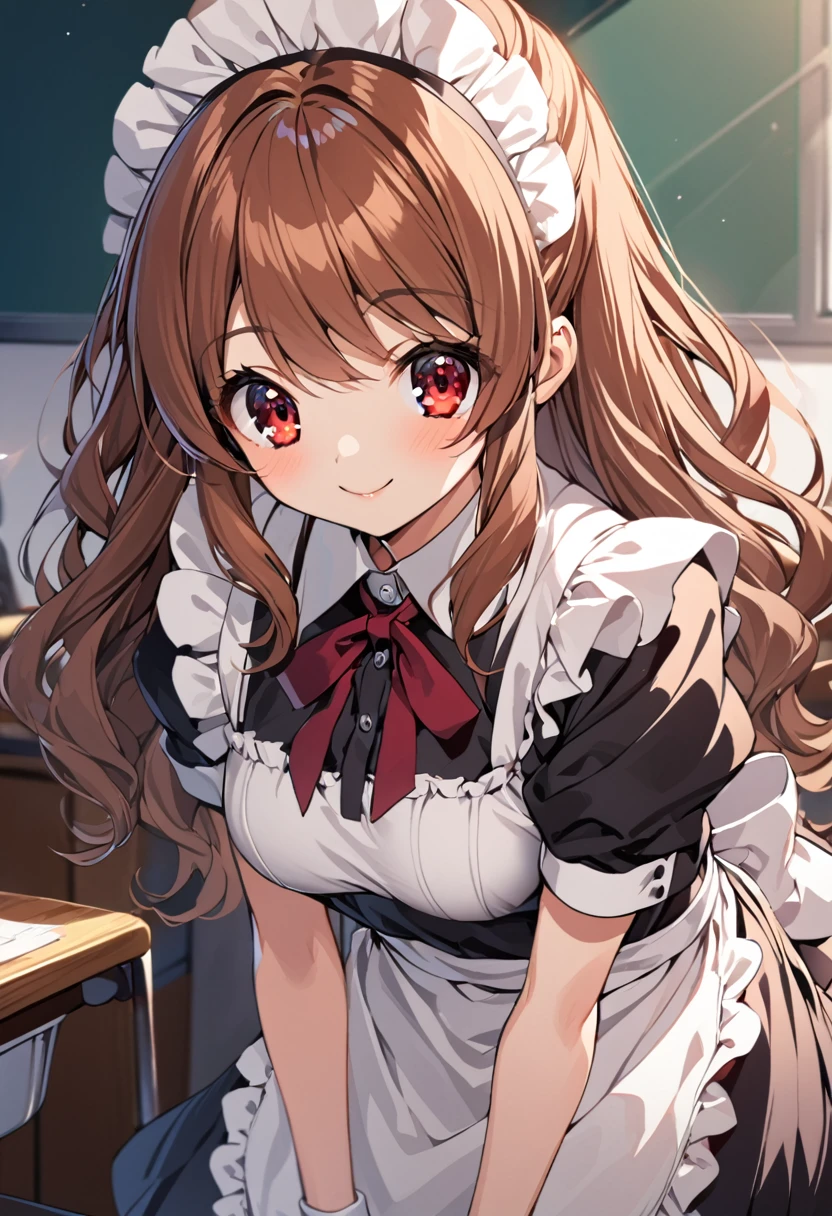 high quality, detailed, 1girl, Mikuru Asahina, maid, head dress, brown hair, long wavy hair, deep red eyes, smile, in classroom