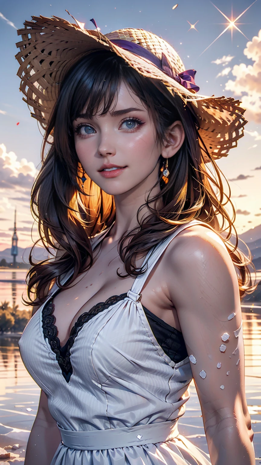 One girl, masterpiece, Very detailed, (Beautiful sparkle), Lens flare, Gray Hair, short hair, Floating Hair, Recall, Behind the back, smile, blue eyes, White Dress, Medium chest, Upper Body, Wide Shot, Straw hat, ((Uyuni salt lake)), sunrise, cloud, Backlight, Purple Sky, Yellow Sky, Gradient Sky, put your hand on the hat