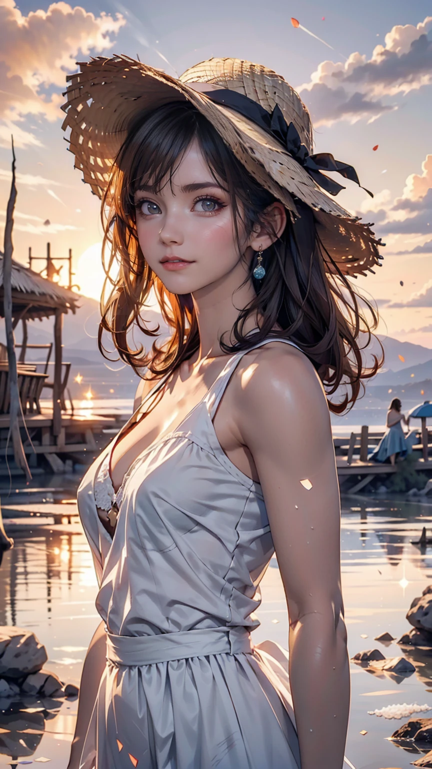 One girl, masterpiece, Very detailed, (Beautiful sparkle), Lens flare, Silver Hair, short hair, Floating Hair, Recall, Behind the back, smile, blue eyes, White Dress, Medium chest, Upper Body, Wide Shot, Straw hat, ((Cornfields to the horizon)), sunrise, cloud, Backlight, Purple Sky, Yellow Sky, Gradient Sky, put your hand on the hat