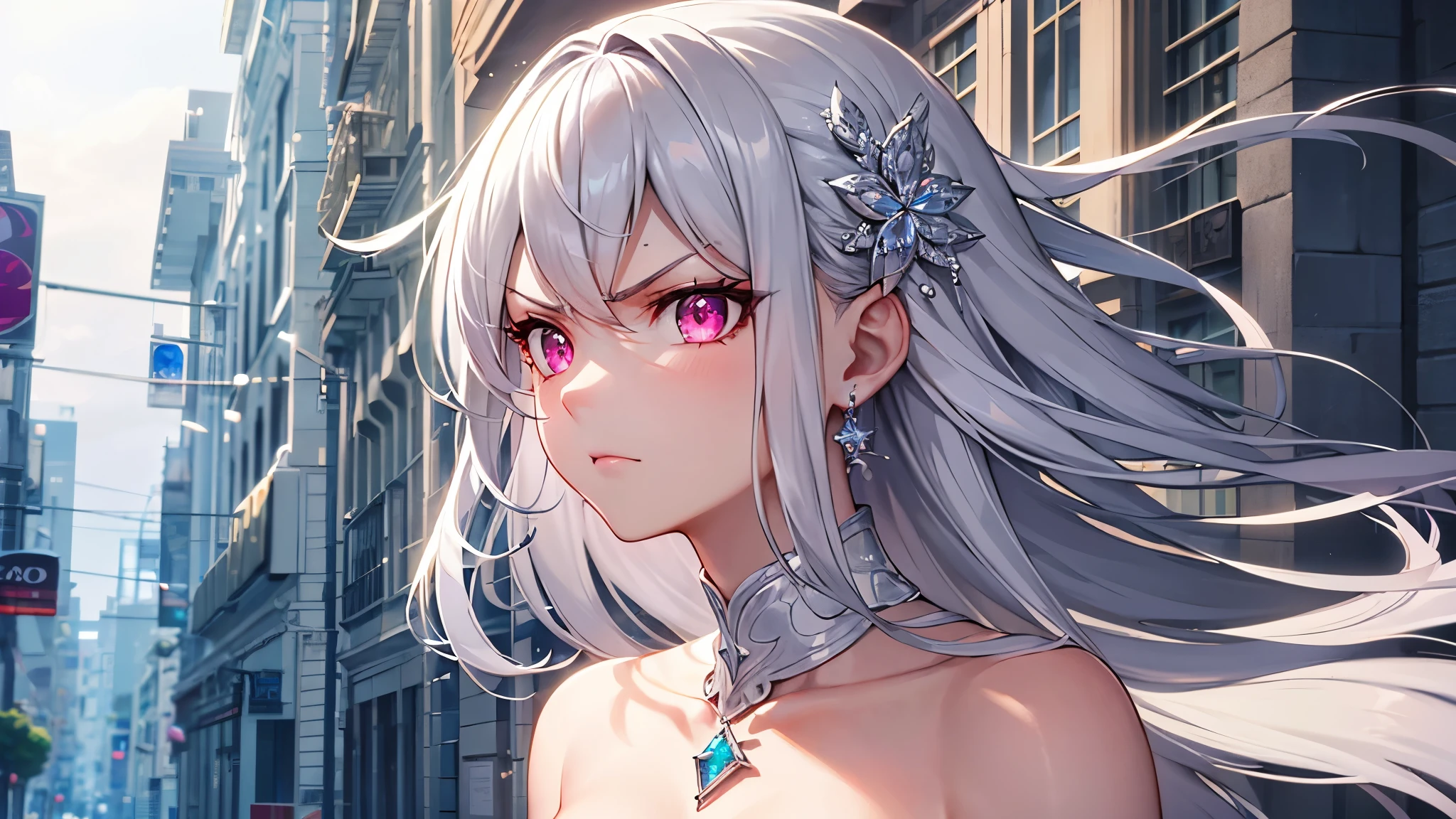 Highest quality, 8k, 4K, High resolution, High Contrast,1girl,only,Beautiful silver hair,(Beautifully detailed face), Clear pink eyes, beautiful eyes, A stern look, Angry, Moderate bust, 20generation, Diamond Rings, Beautiful Gems, White and silver based, Precise and beautiful scenery, Street Corner, Private Server