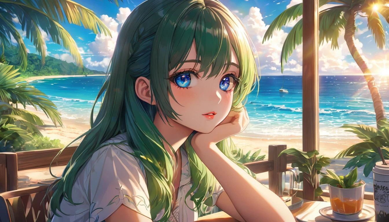 beautiful detailed eyes, beautiful detailed lips, extremely detailed eyes and face, long eyelashes, 1girl, beautiful young woman, sitting in a seaside cafe, tropical paradise, sunlight, sunbeams, warm atmosphere, ocean view, blue sky, fluffy clouds, palm trees, lush greenery, anime art style, vibrant colors, soft lighting, photorealistic, 8k, masterpiece, ultra-detailed,very long shot