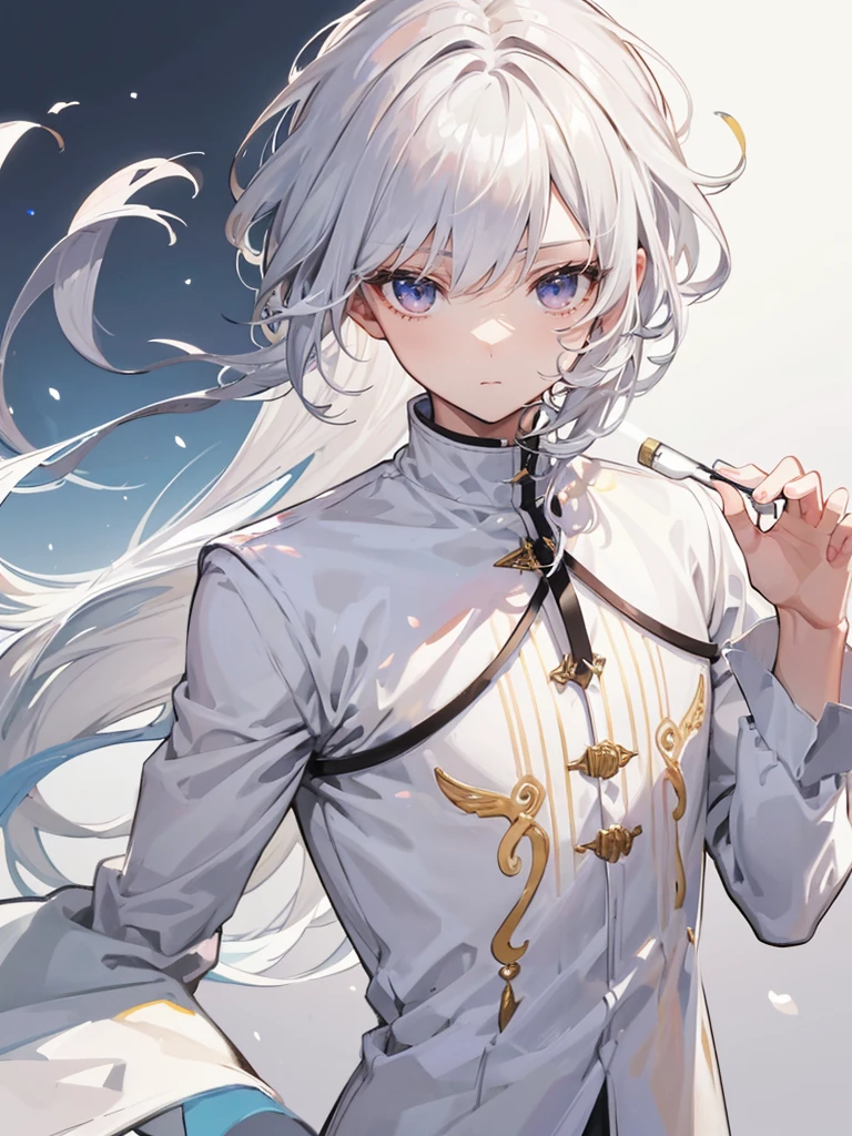 1boy, white hair, brown eyes, detailed eyes, beautiful background, simple clothes