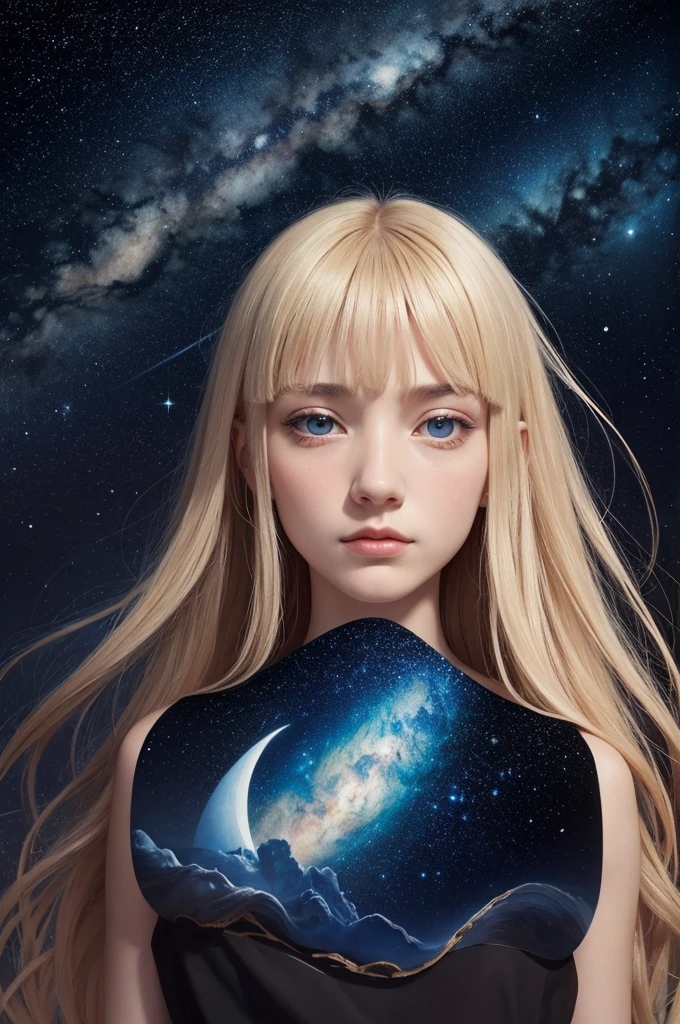 Surrealist watercolor self-portrait inspired by the artist Salvador Dali with an 18-year-old girl with long blonde hair and straight bangs,dark brown eye,small, round nose and round face with a marked jaw in the background a background with a starry sky where the stars are actually eyes blinking and attentively observing everything that happens on Earth, as if they were silent witnesses of all the events in the world.