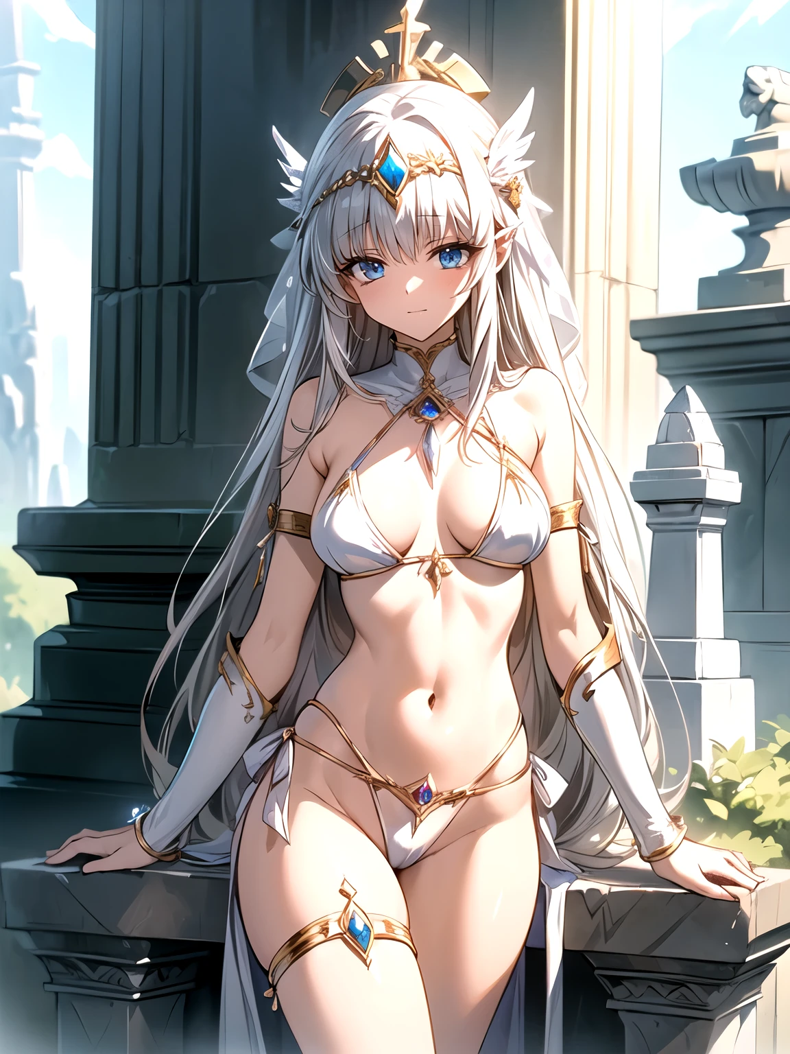 (crystal artifact), (metallic accessory), (erotic priestess), (white bikini)(gold rim), (thin thong)(narrow thong)sharp(highleg), narrow constricted waist, bellybutton, narrow hips, fantasy, mythical altar, (stone sculpture)encrypting