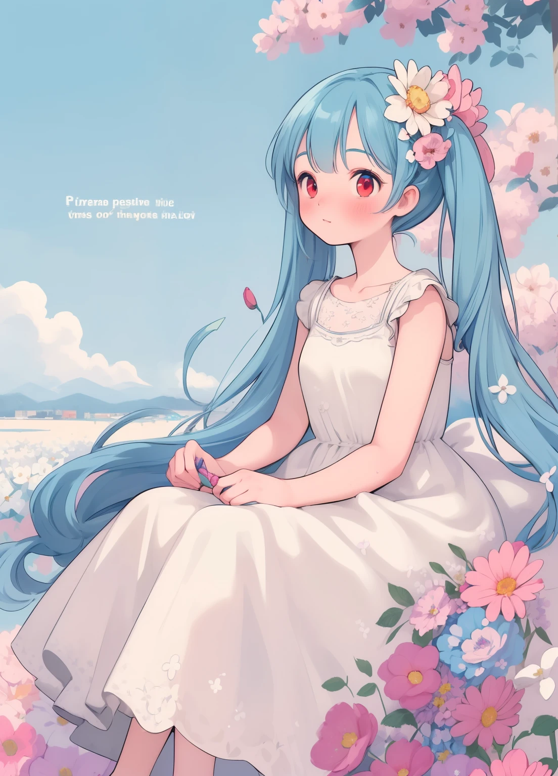(masterpiece、Highest quality、Highest quality、Official Art、美しくbeautiful:1.2)、(One girl:1.3)Hatsune Miku、Twin tails,Beautiful breasts, Katsushika Hokusai, ((Highest quality)),((masterpiece)),((Very detailed)),(figure),(Detailed light),(an extremely delicate and beautiful),((trim)),Unbelievably_Absurd,(Ray Tracing),(reflected light),((Movie Posters)),(sign:1.3),(English text:1.3),break (8k:1.3),wallpaper,One girl,(Girl in the middle of flowers:1.4),(Pure sky blue hair, Red eyes:1.5),sunny,outside,Very detailed,Highest quality,Superior quality,masterpiece,beautiful,cute,Sit on the ground,(Ridiculously long hair, Clear boundaries of fabric:1.4),(Pure white dress, Pure white silk:1.5),(Flower ground, A Thousand Flowers, Colorful flowers, Flowers around her, Various flowers:1.51),young,amazing,Charm,Sundress,Nice views,Pure white shoes,Glossy old advertising poster, Vintage Posters, Poster Vintage, Retro Posters, enoch bolles, 1940s propaganda posters, Joseph Brant, inspired by Art Frahm, beautifulレトロアート, art deco poster, Vintage Posters style, Hidden Ads