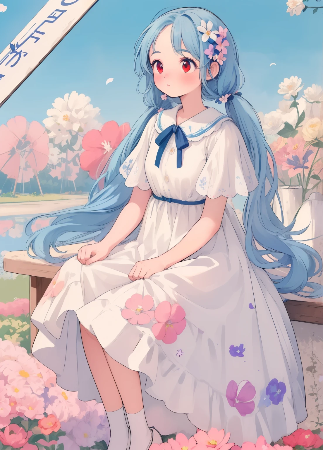 (masterpiece、Highest quality、Highest quality、Official Art、美しくbeautiful:1.2)、(One girl:1.3)Hatsune Miku、Twin tails,Beautiful breasts, Katsushika Hokusai, ((Highest quality)),((masterpiece)),((Very detailed)),(figure),(Detailed light),(an extremely delicate and beautiful),((trim)),Unbelievably_Absurd,(Ray Tracing),(reflected light),((Movie Posters)),(sign:1.3),(English text:1.3),break (8k:1.3),wallpaper,One girl,(Girl in the middle of flowers:1.4),(Pure sky blue hair, Red eyes:1.5),sunny,outside,Very detailed,Highest quality,Superior quality,masterpiece,beautiful,cute,Sit on the ground,(Ridiculously long hair, Clear boundaries of fabric:1.4),(Pure white dress, Pure white silk:1.5),(Flower ground, A Thousand Flowers, Colorful flowers, Flowers around her, Various flowers:1.51),young,amazing,Charm,Sundress,Nice views,Pure white shoes,Glossy old advertising poster, Vintage Posters, Poster Vintage, Retro Posters, enoch bolles, 1940s propaganda posters, Joseph Brant, inspired by Art Frahm, beautifulレトロアート, art deco poster, Vintage Posters style, Hidden Ads