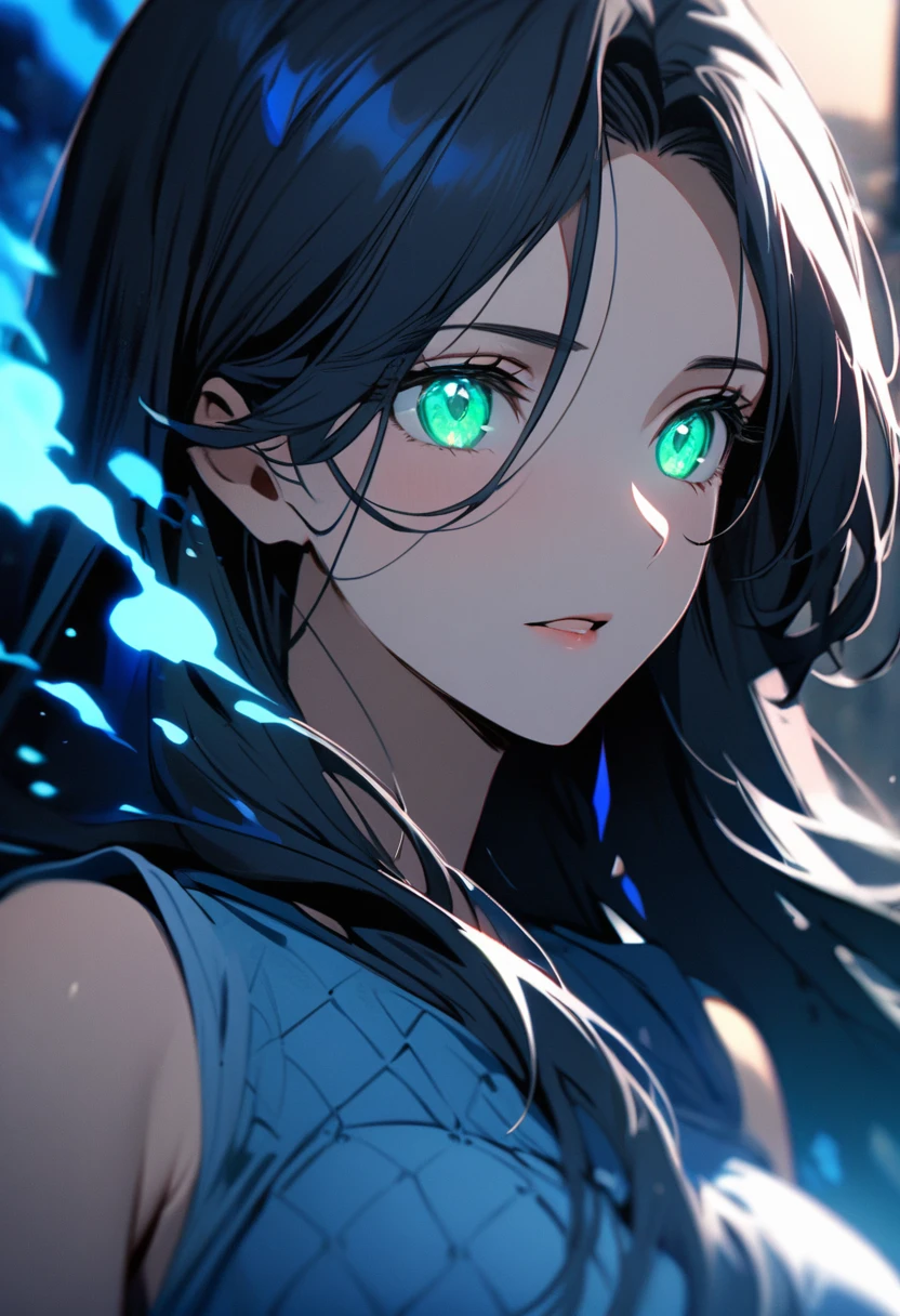 Thena: girl, black hair, long hair, green eyes, ,blue hair ornament pretty, blue dress, ,beautiful eyes, mature, super detail, beautiful color, glowing eyes, macro picture, blue aura, smooth hair, adult