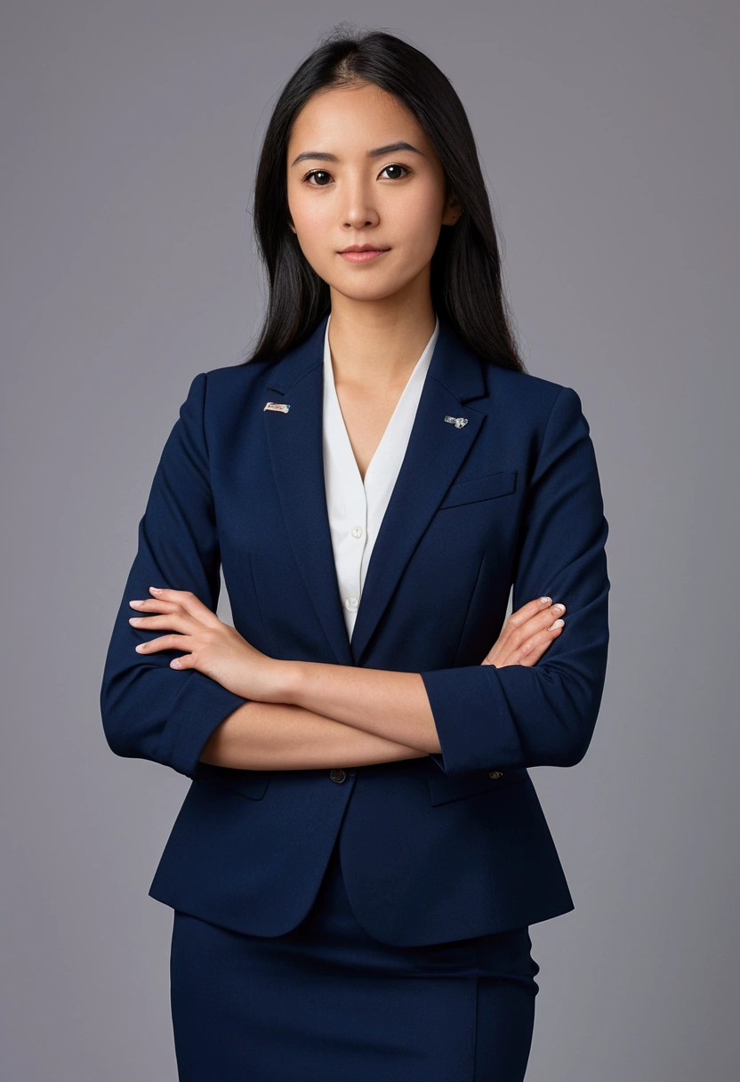 Professional image of a 25-year-old working woman, Wear a navy blue business casual suit and hip wrap skirt, Professional profile photo, posing with crossed arms, professional picture, professional profile picture, photograph of a woman, Business woman, lecturer, Black hair, Slim body, 8K high-definition