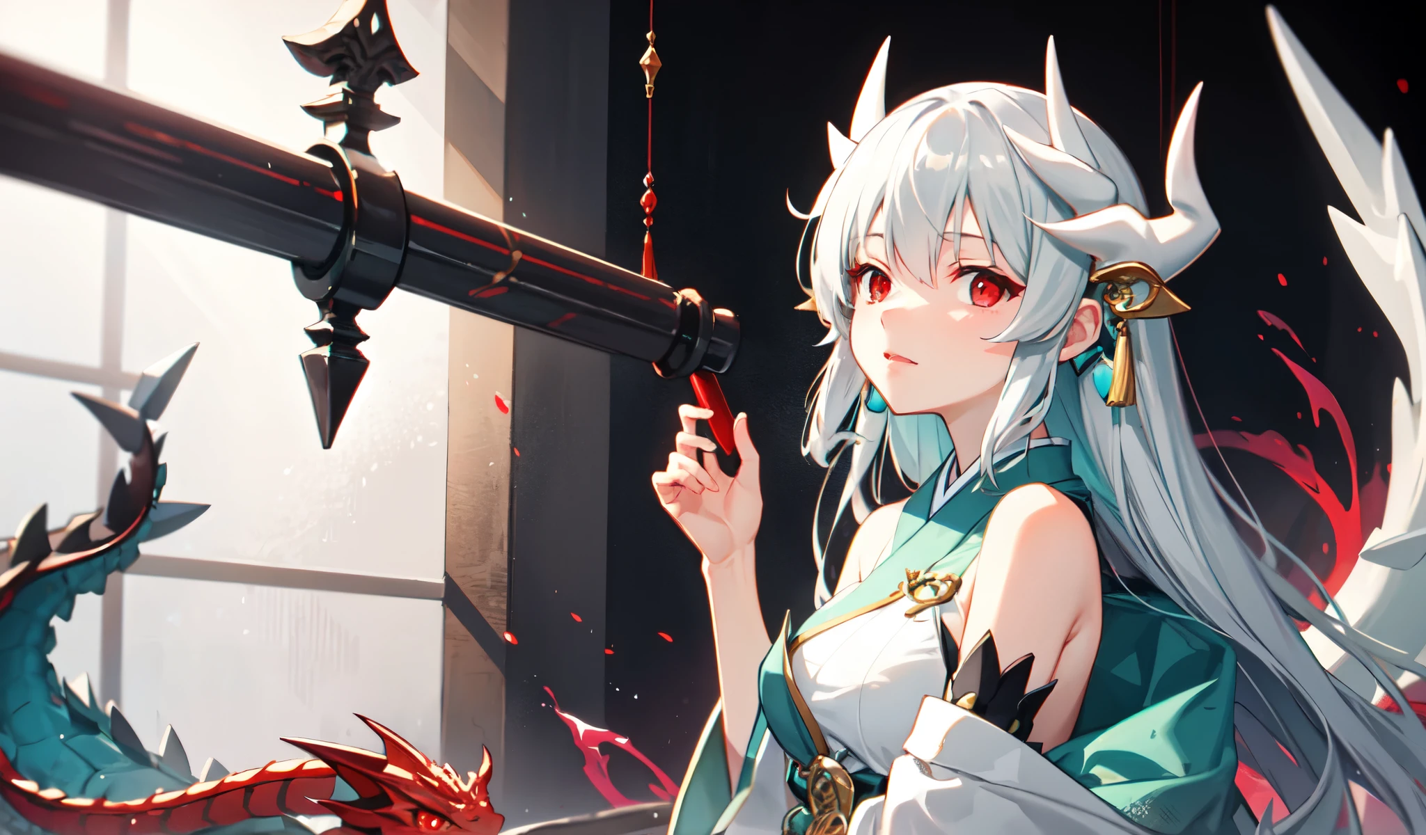 kiyohime, kiyohime, Gray Hair, Dragon Girl, dragon horn, horn,, (Red eyes:1.5),