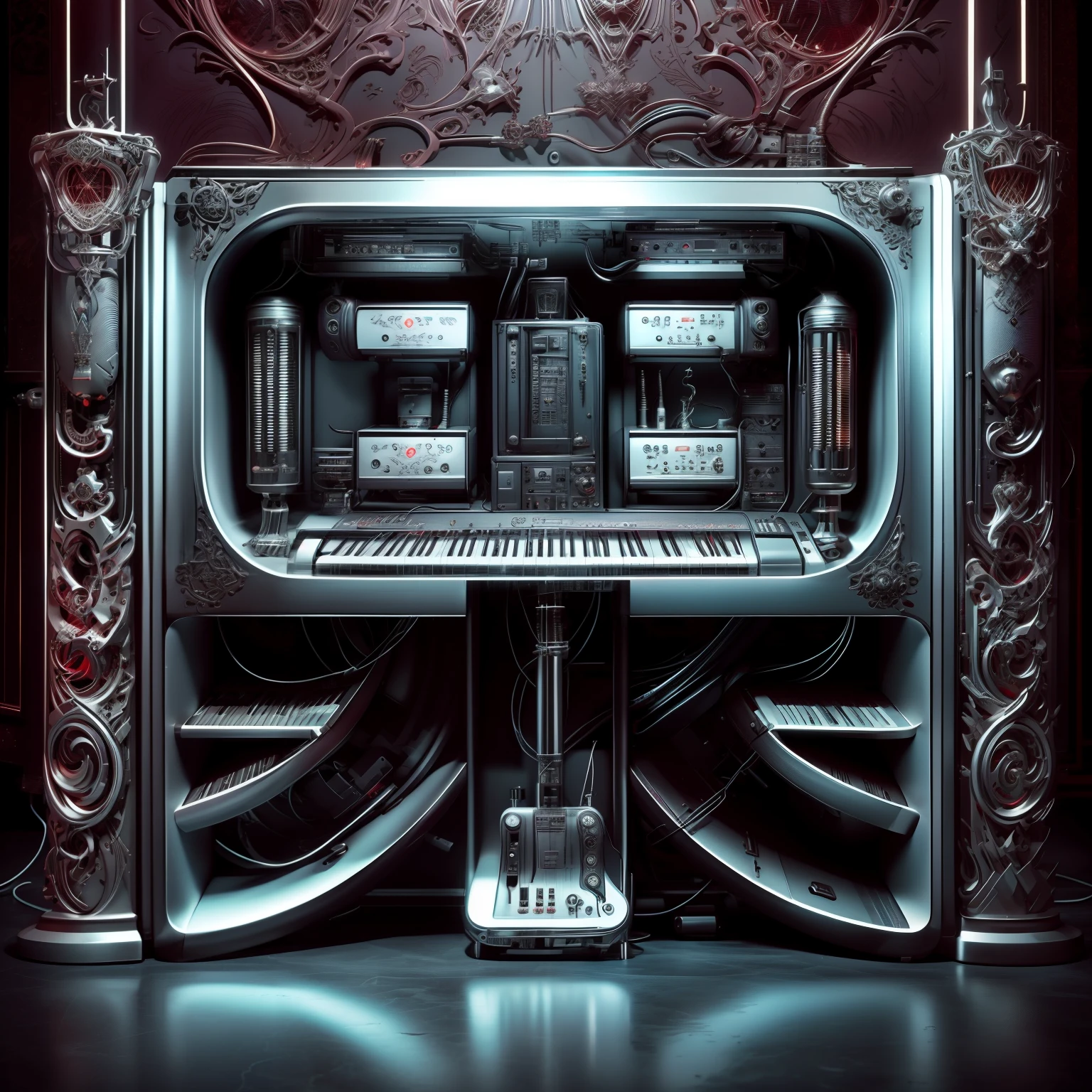 masterpiece,best quality,Very detailed,Small stage,band,microphone,electric guitar,mixer,sound,keyboard,Dark gothic pattern,earphone,Indoor light,Vacuum tube