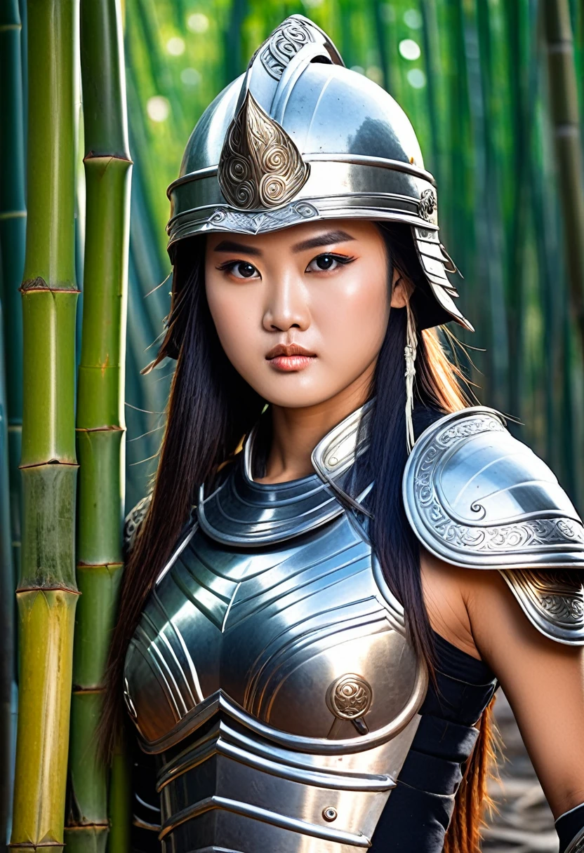Panoramic photo of the immortal female warrior in Vietnamese mythology - Au Co - 18 years old, A female giant, majestic and imposing, with rippling muscles, bright eyes, long hair, extremely beautiful, wearing a shiny iron armor, wearing a strong iron helmet, holding a cluster of old ivory bamboo trees like a cluster of violent weapons, Invincible female warrior, ((background of bamboo forest, smoke, fire, lightning))
