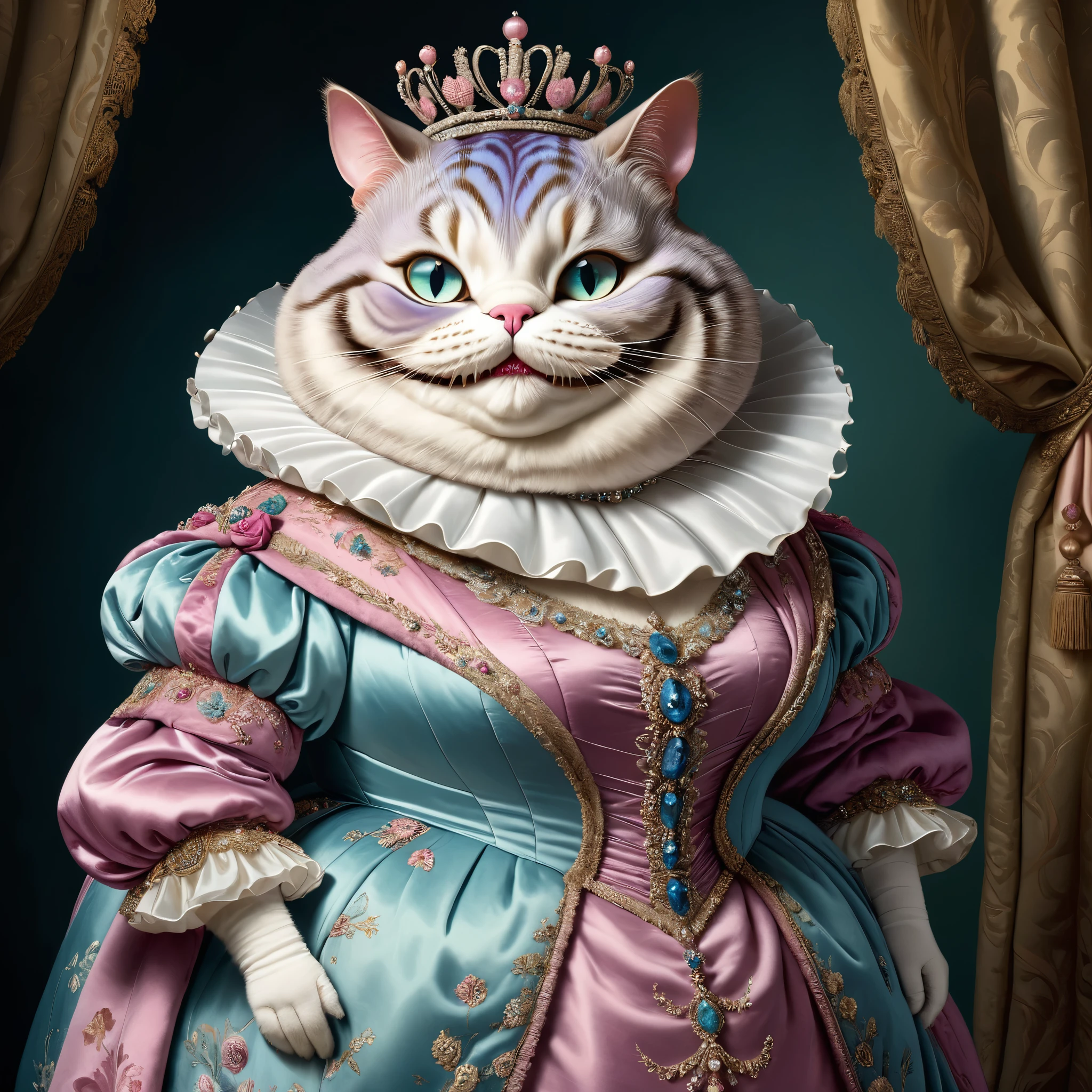 photorealistic portrait of Dressed animals - a ((fat)) (Cheshire cat) Queen, (over shoulder image:1.5),(elegant pose:1.5) Wearing luxury sack-back gown,(wearing luxury tiara),(happy), Old-fashioned luxury clothes, detailed and opulent description of a queen's aristocratic sack-back gown in Rococo , emphasizing luxurious fabrics, intricate embroidery, and ornate accessories, simple  background,(looking at viewer:1.5),score_9, score_8_up, score_7_up, score_6_up, score_5_up, score_4_up,