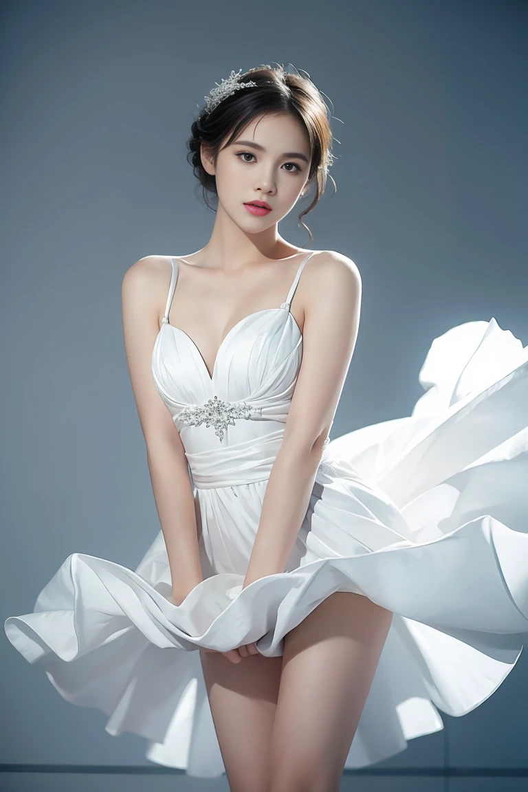 (masterpiece), (Highest quality), photograph, One girl, White Dress, marilyntug, Pulling on the dress