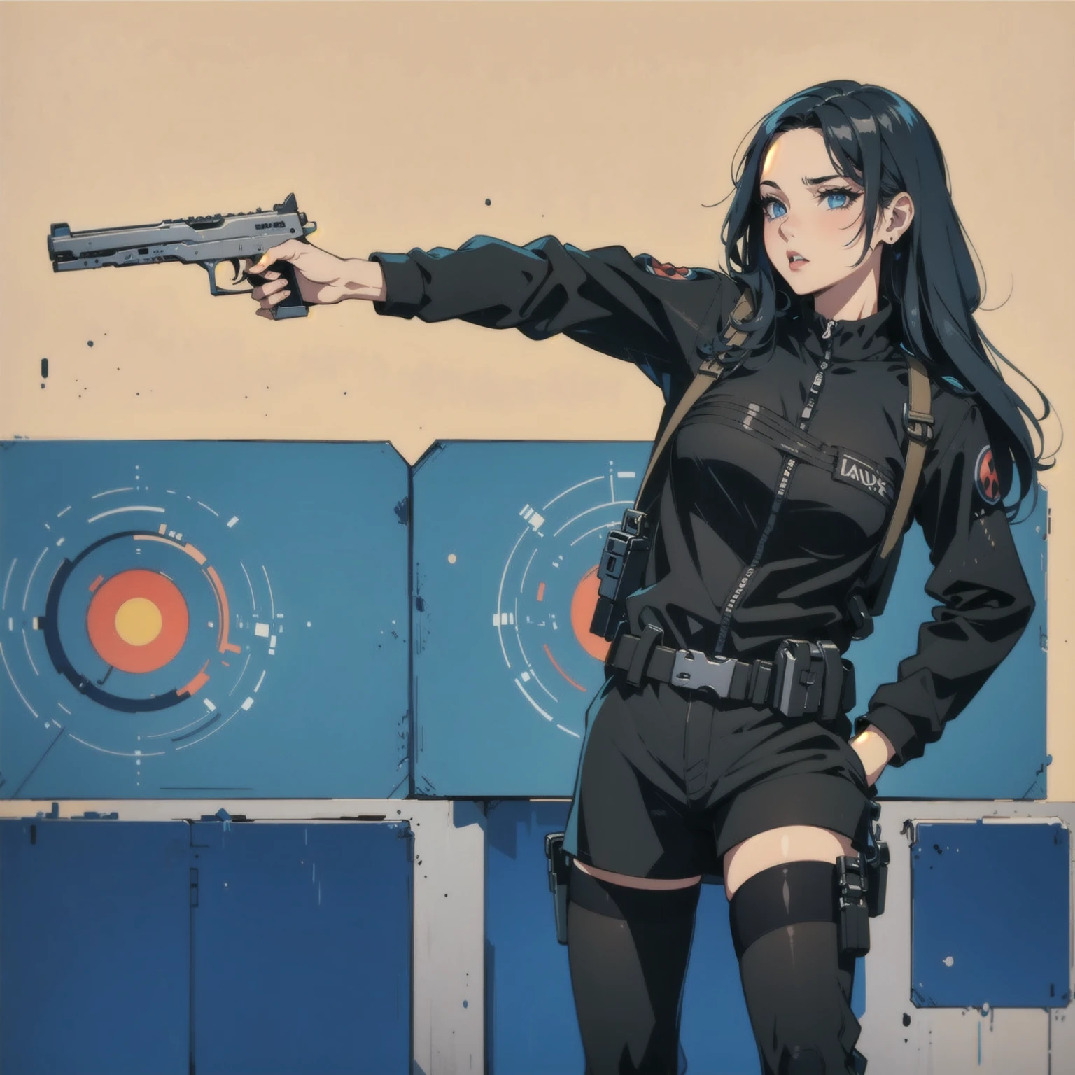 (Hold the gun., blue eyes , short skirt,raw photos, best quality, skill:1.2), (realistically, realistic:1.37),(,cute,professional lighting, Photon mapping, Tee, Physical rendering , cosplay, lucy \(cyberpunk\), ,, gray eyes, tight black suit, เมืองcyberpunk, black shorts, , neon light, sexy, smoke, looking up at the viewer,, High resolution in 8ก, 8ก, CG wallpaper, realistically, clear background, Medium bust, body,
