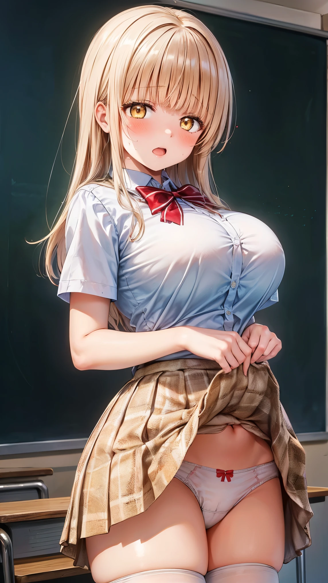 best quality,1girl,((big breasts:1.3)),orgasm,blush,sweat,mahiru shiina, bangs, blonde hair, brown hair, (yellow eyes:1.3),long hair, skirt, bow, (school uniform), pleated skirt, plaid, plaid skirt, (red bowtie:1.2),((lift skirt,upskirt,white panties,lace panties)),thighhighs,classroom