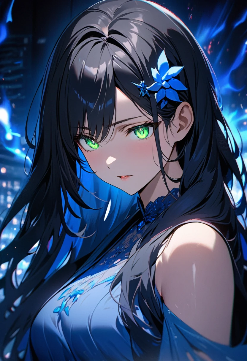 girl, black hair, long hair, green eyes, ,blue hair ornament pretty, blue dress, ,beautiful eyes, mature, super detail, beautiful color, glowing eyes, macro picture, blue aura, smooth hair