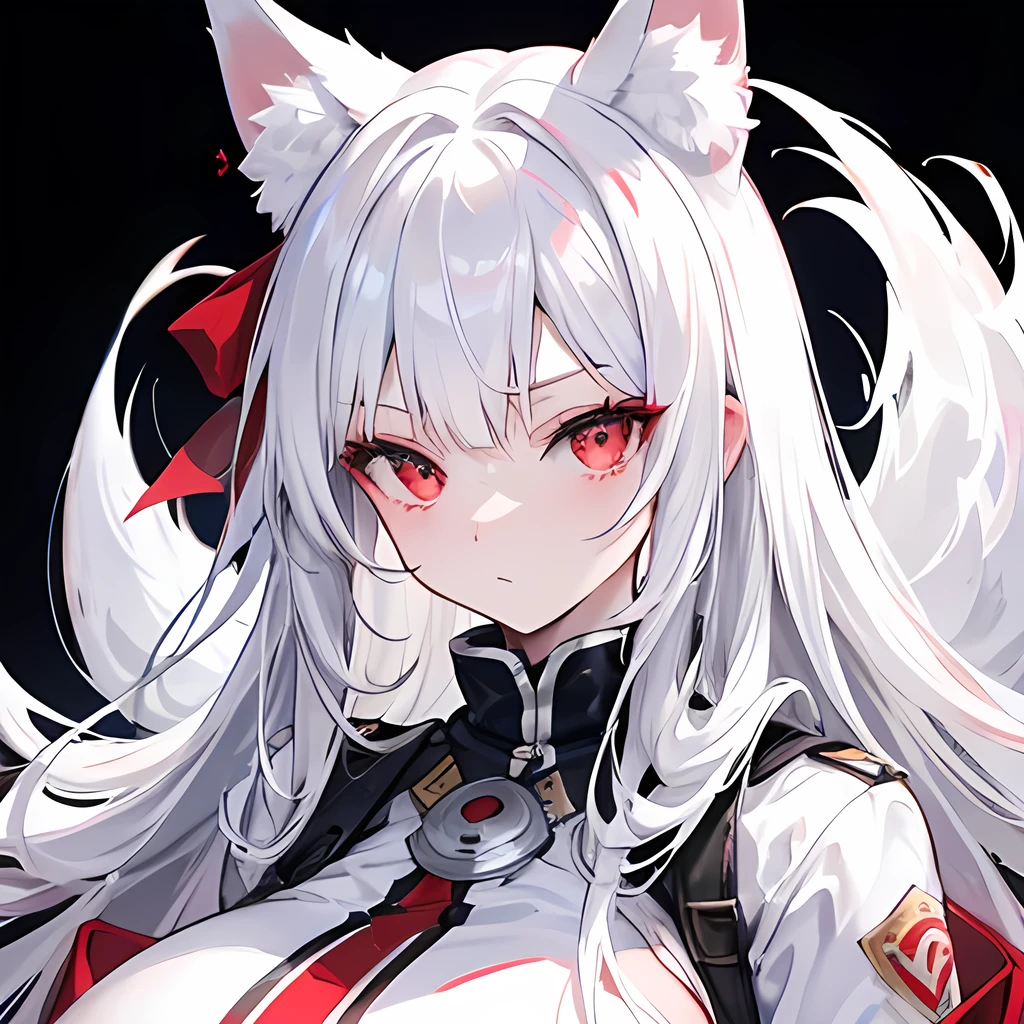 Silver hair, long hair, red eyes, cute face,sexy , G_CUP(HUGE_BREASTS) , White fox ears, nine white fox tails, There is a white fox mask on the top right of the head,white jacket 