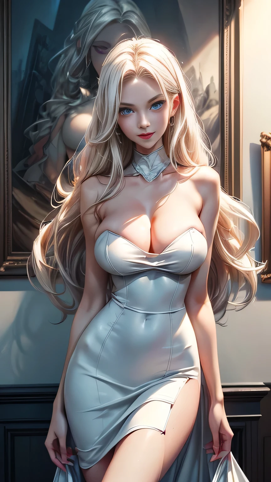 ((tall, beautiful, gorgeous supermodel)) ((seductive gaze)) ((cute smile, smile happy, smile)) ((blue eyes)), ((dark eyeshadows make up)) ((red lips)) ((very long straight platinum blonde hair)) ((big breast:1.5)) ((skinny body:1.3)) ((wear long white strapless dress)) ((standing infront wall admiring paints inside art museum)) (()) ((high definition:1.5), ((masterpiece:1.5))((8k:1.5)) ((Best quality:1.4)), more_details:-1, more_details:0, more_details:0.5, more_details:1, more_details:1.5,