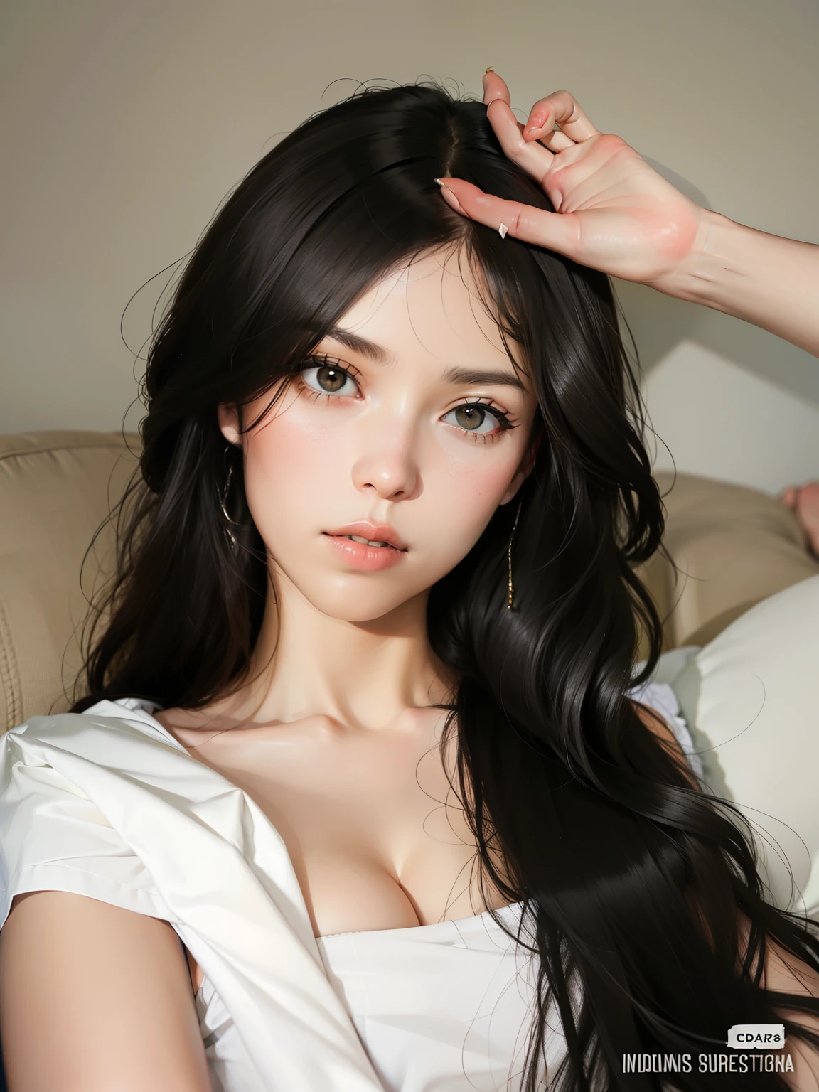 1 woman,sit on the cozy sofa,Cruzar Pernas,soft light