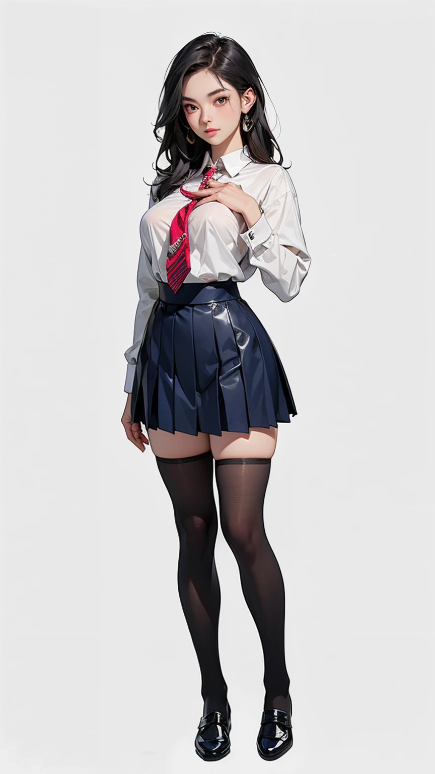 ((best quality,4k,highres,masterpiece:1.2)),((character concept art)), 1 female, age 18. Known for her youthful charm and unwavering determination, Her body language is as modest as her personality, always exuding a sense of innocence and resilience. ((She is dressed in a prestigious Tokyo high school uniform)), (((The uniform includes a tailored navy blazer with the school crest on the chest, a necktie, a white blouse with a Peter Pan collar underneath that compliment her natural E-cup breasts, a pleated maroon skirt that emphasizing her figure))). (((She enhances her look with Sheer black stockings and black leather oxford shoes))), carrying her ensemble with an air of subtle confidence. Her accessories are minimal, reflecting her simple lifestyle at this age. ((intricate detail)), super finely detailed hands, ultra finely detailed fingers(((ten fingers))), (standing confidently), (full body showcase), (show full body), (no logos on background), (no logo), ((plain background)), ((plain background)), (((empty background))).