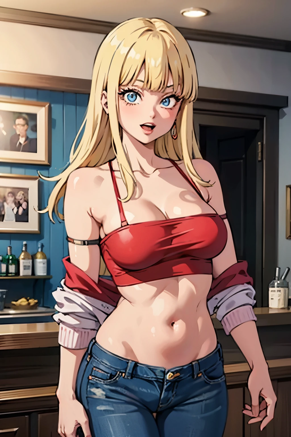 ,retro artstyle,solo,1girl,maron,(blue eyes, blonde hair, blunt bangs), medium breasts , long hair, blush, lipstick, jewelry, earrings, Hot girl, baddie, mean girl, sensual, attractive, mall, shopping center,indoors, masterpiece,high quality,4k, bare shoulder,belly,crop top,holding pistol,cleavage,casual dress, bar
background, inside bar, indoor,smile, open mouth, (nsfw) not safe for work, evil expression, exposed
belly, exposed navel, exposed midriff, exposed lower belly, crop top overhang, underboob,jacket,
unbuttoned jeans , low rise black jeans, Low rise jeans, Low rise jeans with open fly,