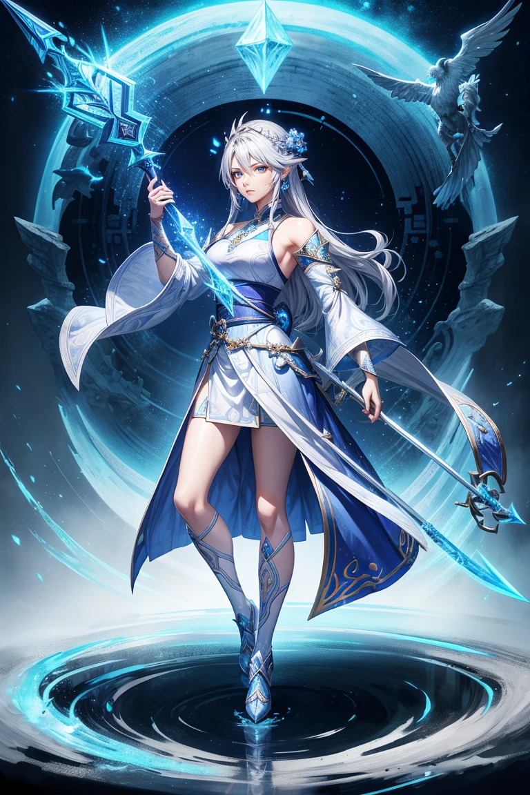 arafed female in a blue dress holding a sword handle, full body xianxia, lunar themed attire, thancred waters in style of wlop, spellcasting pose, ingame image, lineage 2 revolution style, blue and ice silver color armor, costume with blue accents, with hand crossbow, wielding a decorated halberd, thancred waters