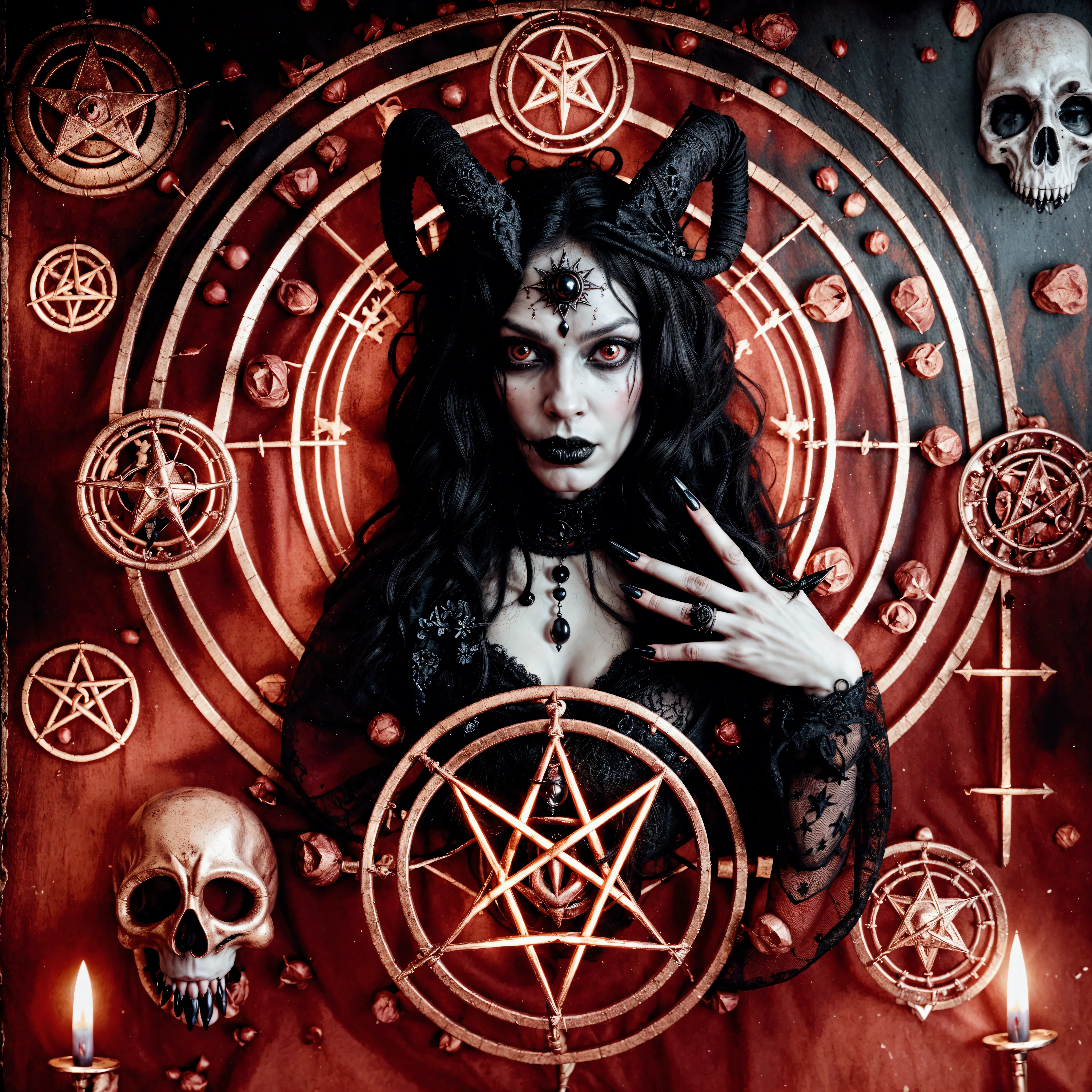 Imagen arafed de una mujer con cuernos y maquillaje de devil., satanism, scary horrible satanic rituals, satanic ritual, bafomet, queen of hell, demonic magic ritual, The witch's spell, hidden inspiration, wicca, goddess hecate, staff, Chaos Magic, staffs, Ritual occult meeting, devil, hecate, Hidden ritual