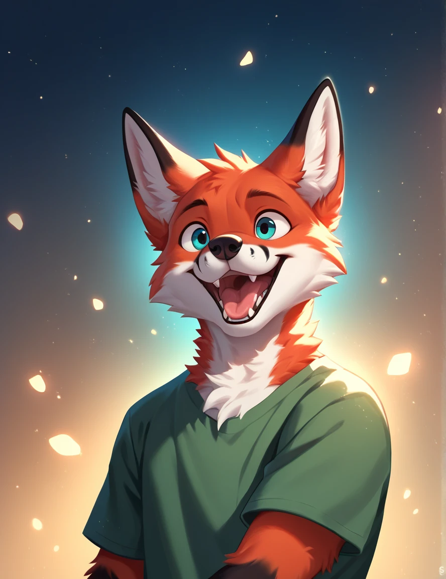 solo male, open mouth, fox tongue, t-shirt,face Three Quarter View, white ox furry, fox face furry, fox, furry, smiling, red fur, Black fur stripe, netral, Traumatized face, dynamic lighting, illustration, beautiful, particles (high quality,4k,8k,highres,masterpiece:1.2), ultra-detailed, impressionistic:colorful,]