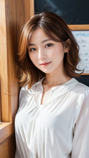 Masterpiece, Top quality, (Raw photo:1.3), Realistic, Upper body photo, Beautiful adult woman, 27-year-old, Scottish beauty, long face, long eyes. wavy ginger short hair, Clean, Symmetrical face, Symmetrical eyes, archaic smile, (White blouse, Small breasts:1.4), intelligent, neat female teacher, classroom, blackboard