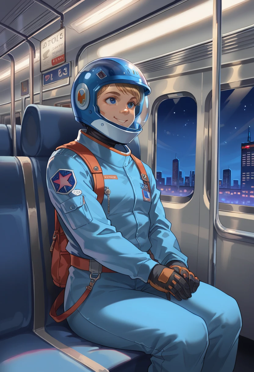 space helmet, (cinematic scene, sitting on a chair, train interior, , city view, night view: 1.5), space helmet,, space suit, smile bubble helmet, very detailed, speed helmet, bubble helmet, ,upper body, blue bodysuit,