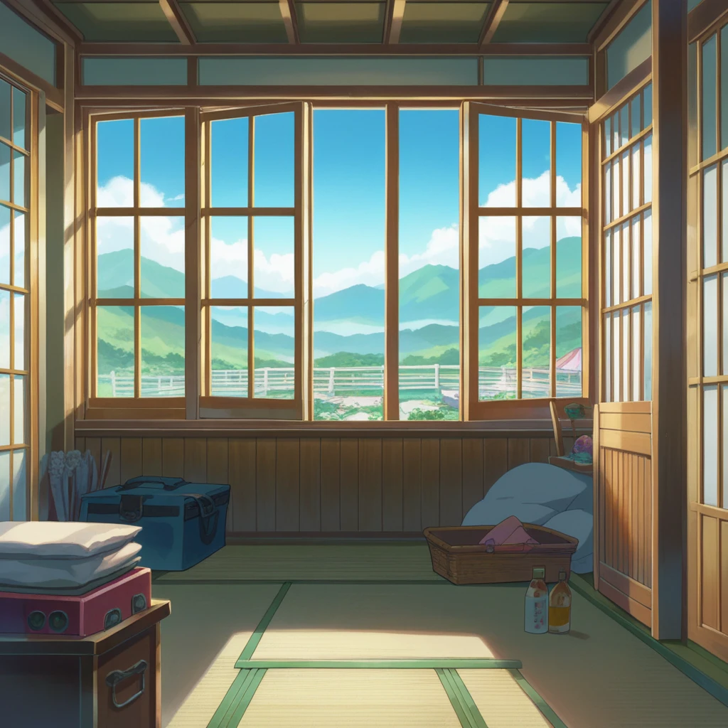 score_9, score_8_up, score_7_up, zPDXL,Shinkaistyle, no humans, Best Quality, high res, Illustration, anime background image only, hot summer day, inside a traditional Japanese room, green mountain view from verandah, blue sky with cumulonimbus cloud, glass wind chime under the eaves,
