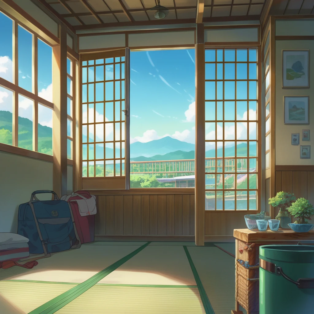 score_9, score_8_up, score_7_up, zPDXL,Shinkaistyle, no humans, Best Quality, high res, Illustration, anime background image only, hot summer day, inside a traditional Japanese room, green mountain view from verandah, blue sky with cumulonimbus cloud, glass wind chime under the eaves,