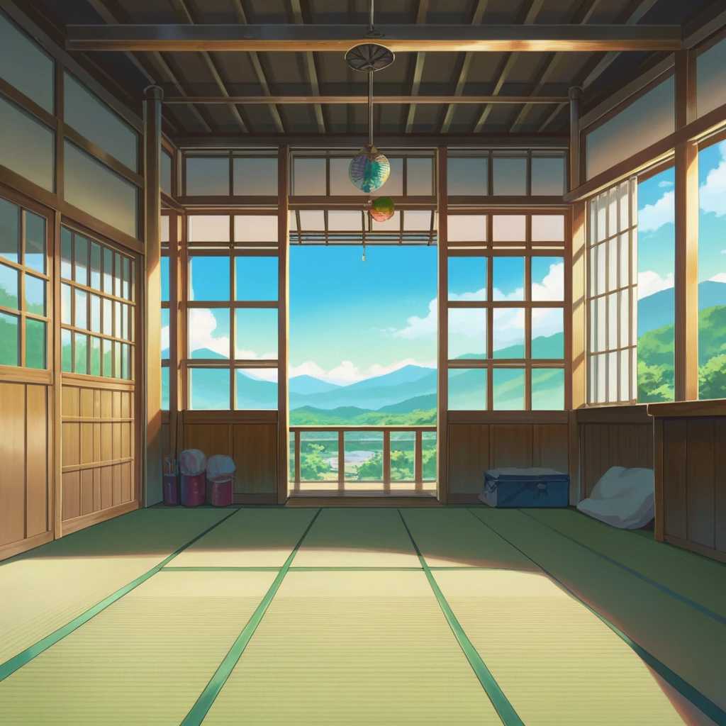 score_9, score_8_up, score_7_up, zPDXL,Shinkaistyle, no humans, Best Quality, high res, Illustration, anime background image only, hot summer day, inside a traditional Japanese room, green mountain view from verandah, blue sky with cumulonimbus cloud, glass wind chime under the eaves,