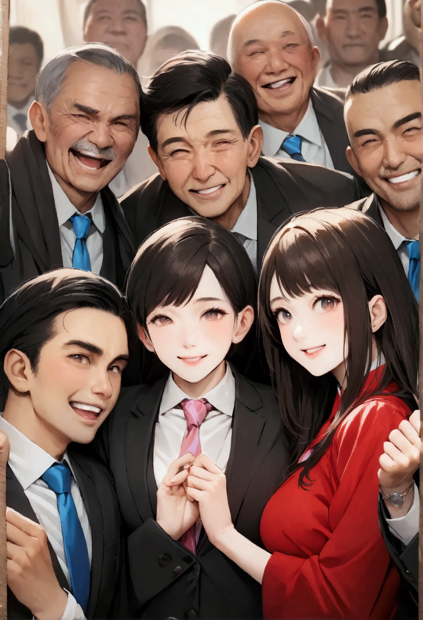 There were 12 men and 1 woman and one woman took a photo together 