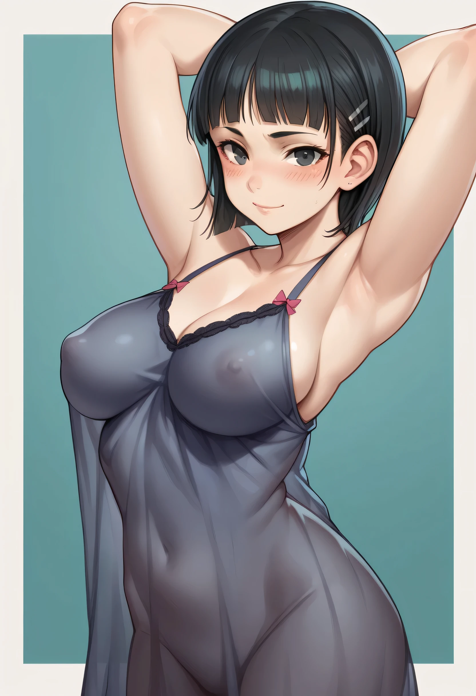 1 hot girl, dark hair, dark grey eyes, young girl, , gorgeous, kirigaya suguha, short bob hair, hairclip, nightgown, large breasts, hands behind head, armpits, covered erect nipples, blush, seducing smile