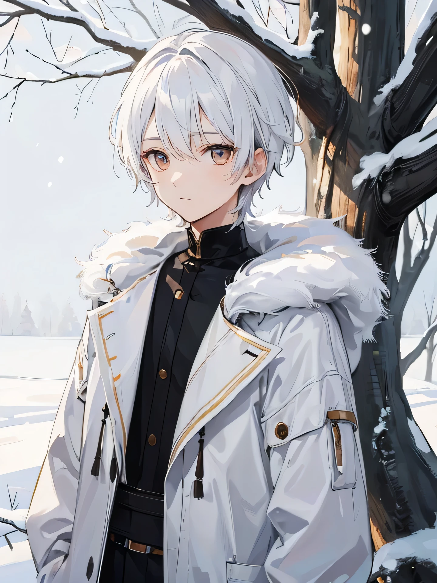 1boy, white hair, brown eyes, detailed eyes, tree background, snow, simple clothes