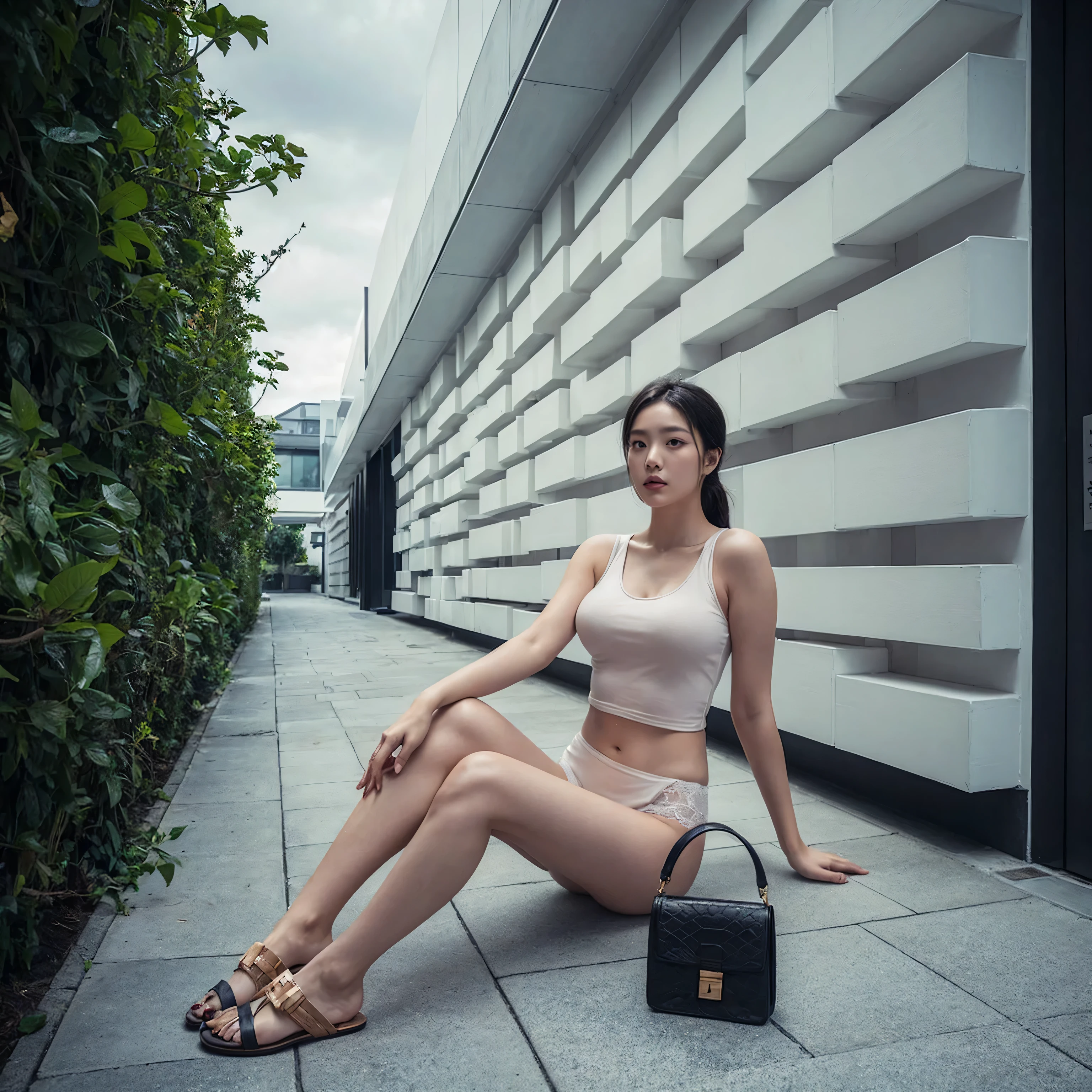 A captivating urban scene featuring a young Korean woman with an larged-size  exuding confidence as she sits in a narrow alleyway. The woman, with a striking presence, wears a form-fitting tank top and lace , accessorized with stylish sandals and a sleek black handbag on her lap. Surrounding her, a striking contrast exists between the white geometric wall on one side and the vibrant green foliage on the other, seamlessly blending nature and architecture. The overcast sky above adds a serene touch, while the modern aesthetic enhances the overall contemporary ambiance.