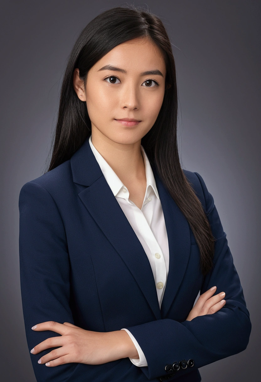 Professional image of a 25-year-old working woman, Wear a navy blue business casual suit and hip wrap skirt, Professional profile photo, posing with crossed arms, professional picture, professional profile picture, photograph of a woman, Business woman, lecturer, Black hair, Slim body, 8K high-definition