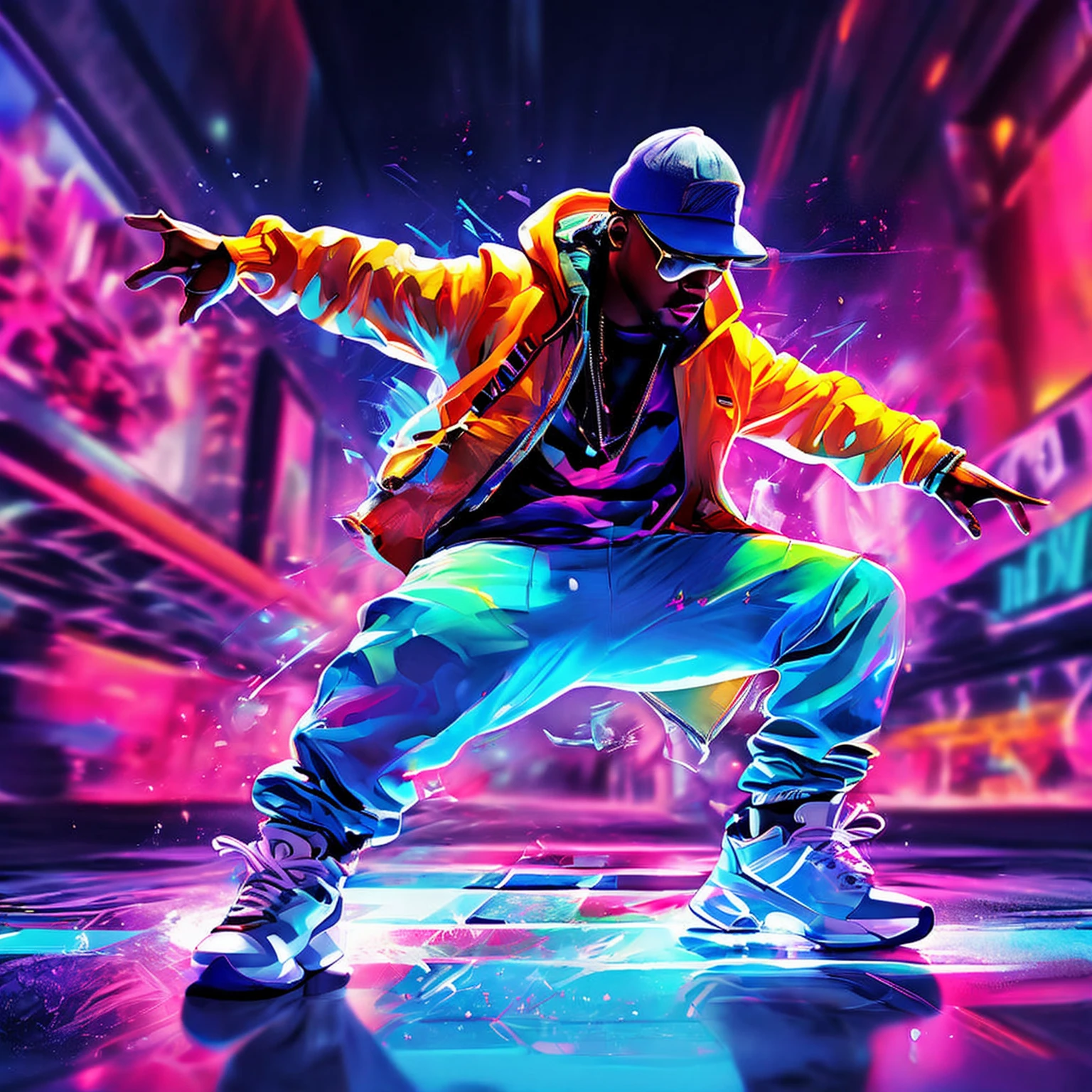 Hip-hop dancer performing breakdancing, frozen in mid-toprock on a stark white background, shadows cast on the ground, vibrant street-style attire in a spectrum of neon colors, high contrast, dynamic movement captured, digital painting, urban aesthetic, ultra fine detail.