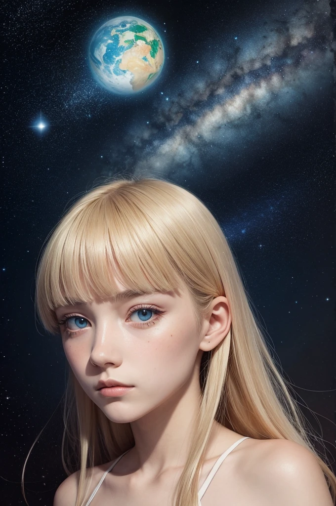 Surrealist watercolor self-portrait inspired by the artist Salvador Dali with an 18-year-old girl with long blonde hair and straight bangs,dark brown eye,small, round nose and round face with a marked jaw in the background a background with a starry sky where the stars are actually eyes blinking and attentively observing everything that happens on Earth, as if they were silent witnesses of all the events in the world.
