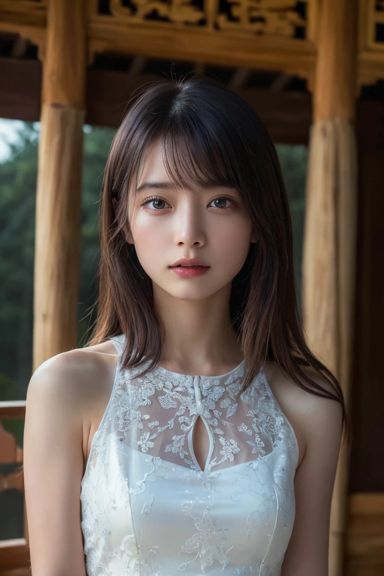 (Highest quality:1.4),(masterpiece:1.4),(Realistic:1.4),(Realistic:1.2),(超High resolution, RAW Photos:1.4),(High resolution, Very detailed:1.2),(8k:1.2),Movie Photos,a photo of a dark-haired,One Girl,alone,wear ,((China dress))、((Upper Body:1.3))