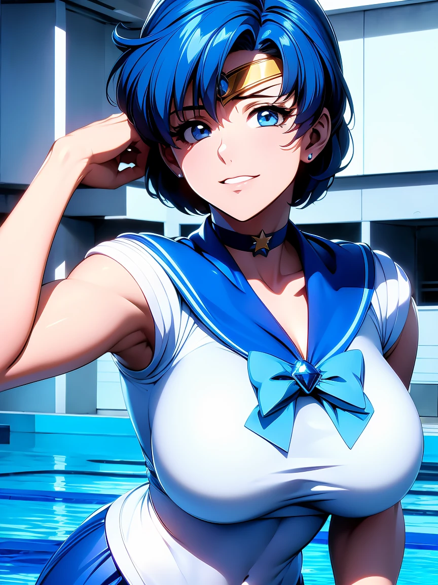 Sailor Mercury in police uniform,Long Blue Hair,blue power ranger, Hurricane ,セクシーなゴス女性のLarge Breasts, Character Sheet,In the pool,High resolution, Large Breasts, 