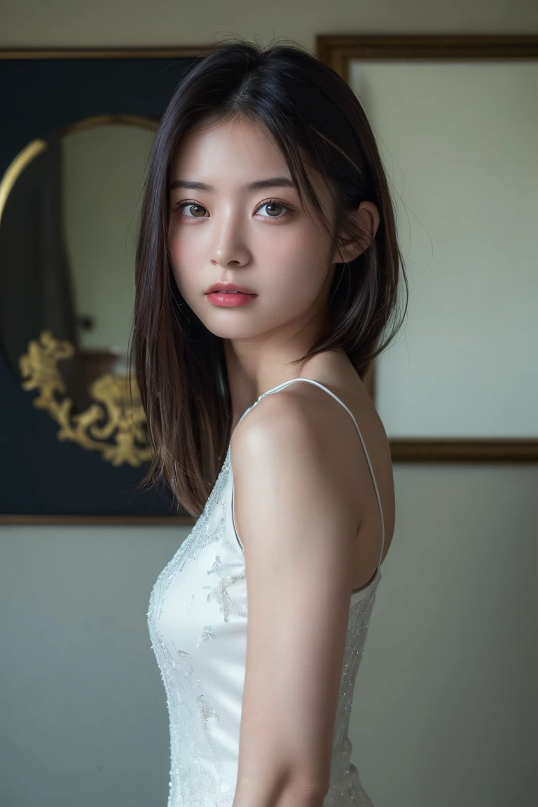 (Highest quality:1.4),(masterpiece:1.4),(Realistic:1.4),(Realistic:1.2),(超High resolution, RAW Photos:1.4),(High resolution, Very detailed:1.2),(8k:1.2),Movie Photos,a photo of a dark-haired,One Girl,alone,wear ,((China dress))、((Upper Body:1.3))