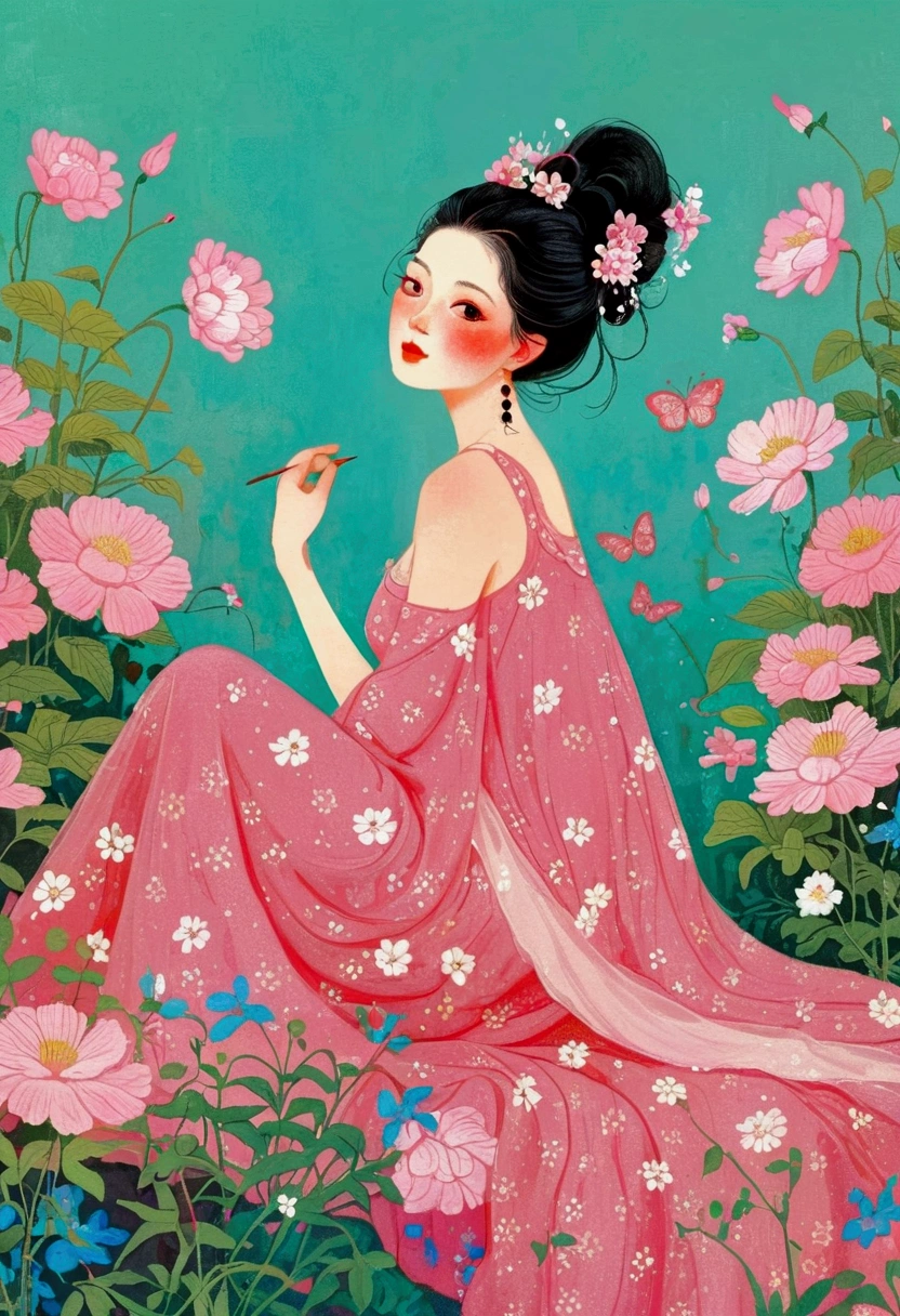 A woman in a pink dress sits among the flowers, Artworks similar to Sheng Lam, author:Gao Cen